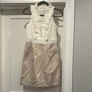 LOFT - size 2P White/Tan Ruffle Dress- shiny lurex fabric bridal shower